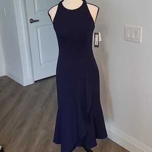 Betsy & Adam Size 2 Navy Blue Sleeveless Halter Ruffled Crepe Midi Dress